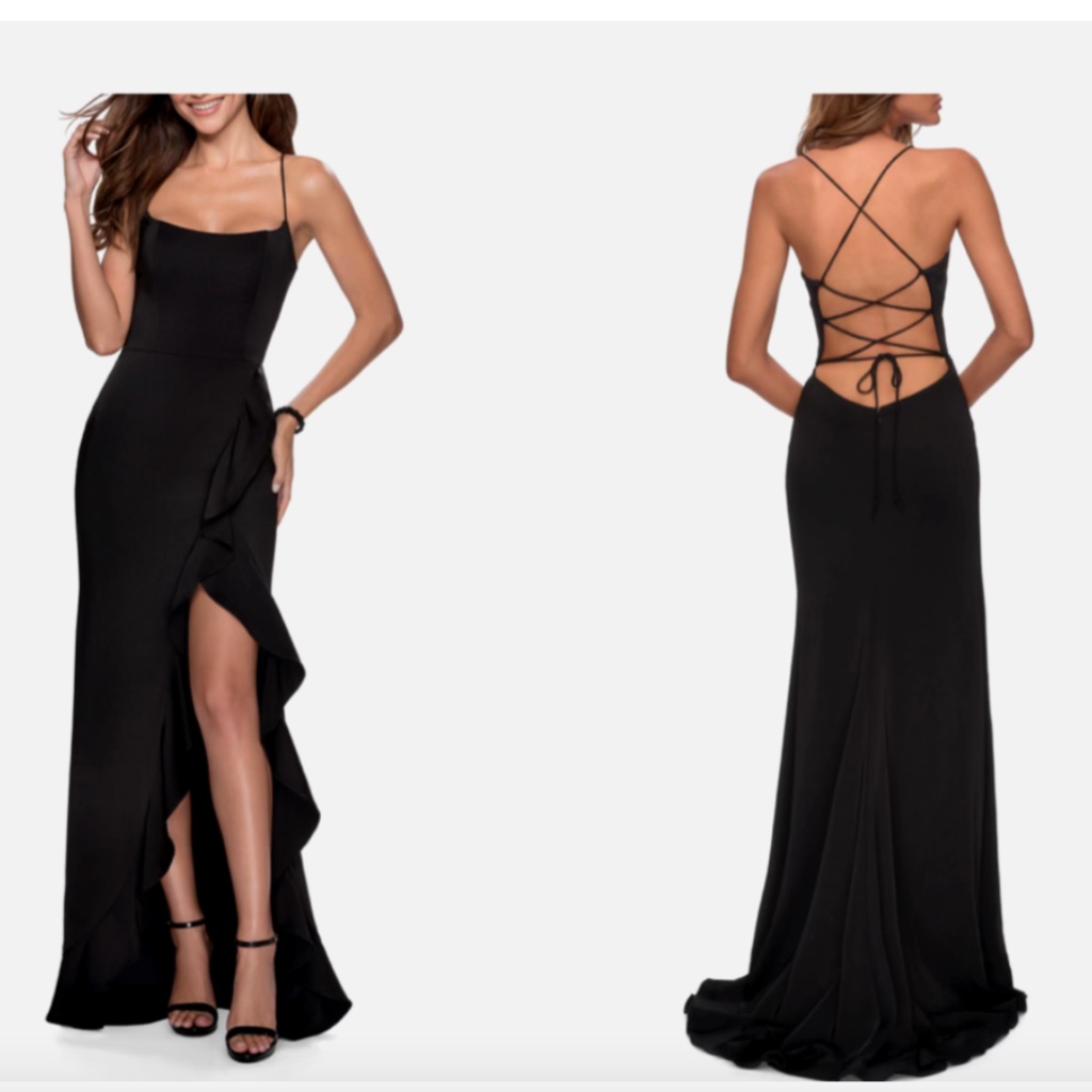New La Femme Flutter Slit Trumpet Gown Black Size 8